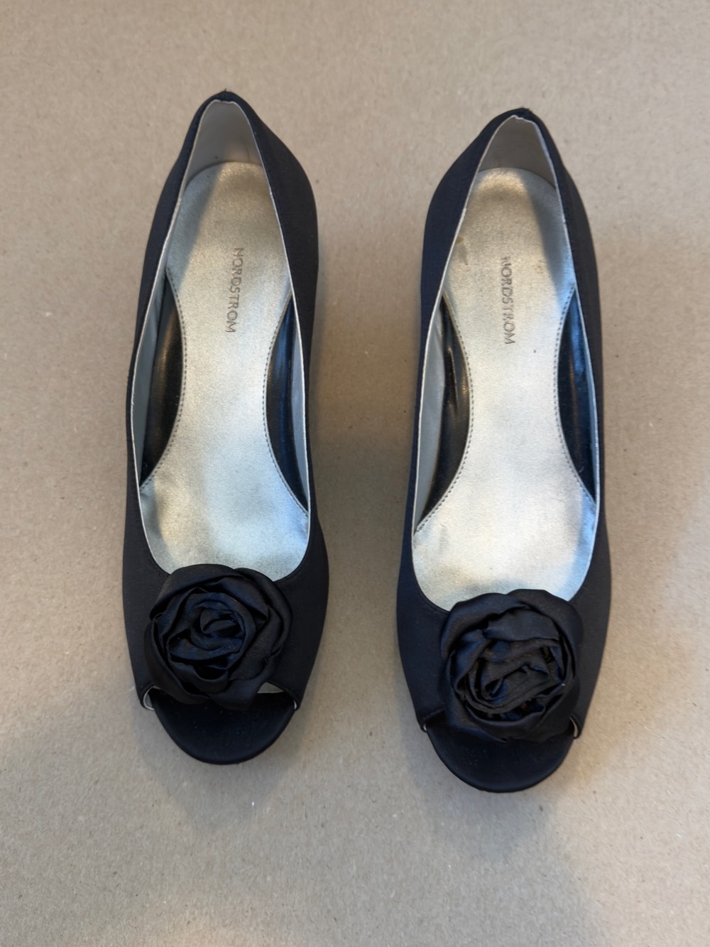 Nordstrom Black Peep-Toe Heels with Floral Rosette, kids size.